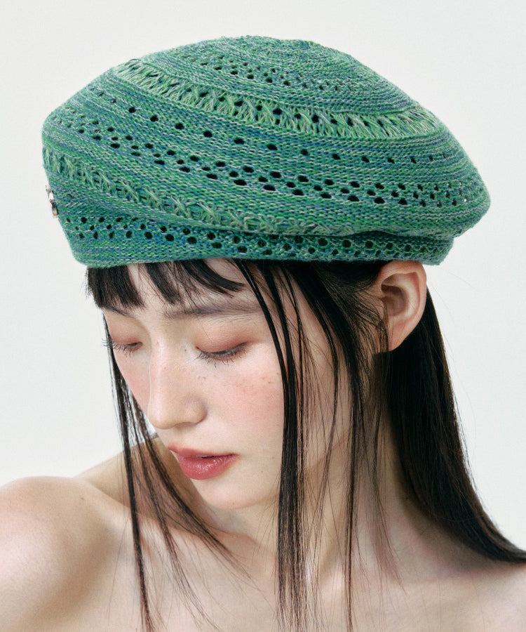 2025 New Green Hollow Out Breathable Knit Beret Hat