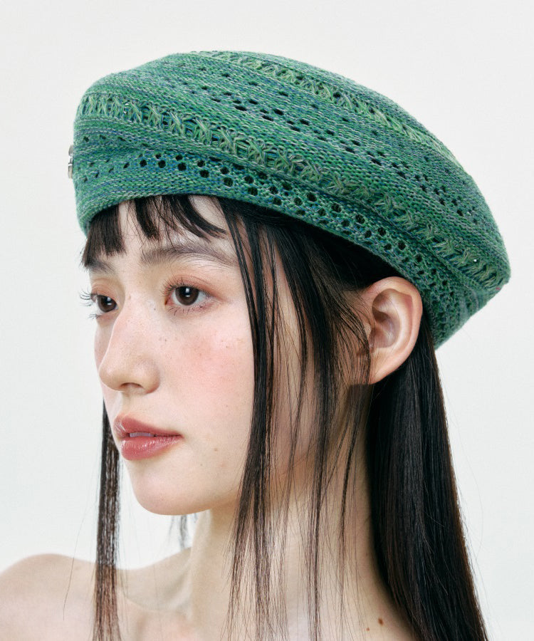2025 New Green Hollow Out Breathable Knit Beret Hat
