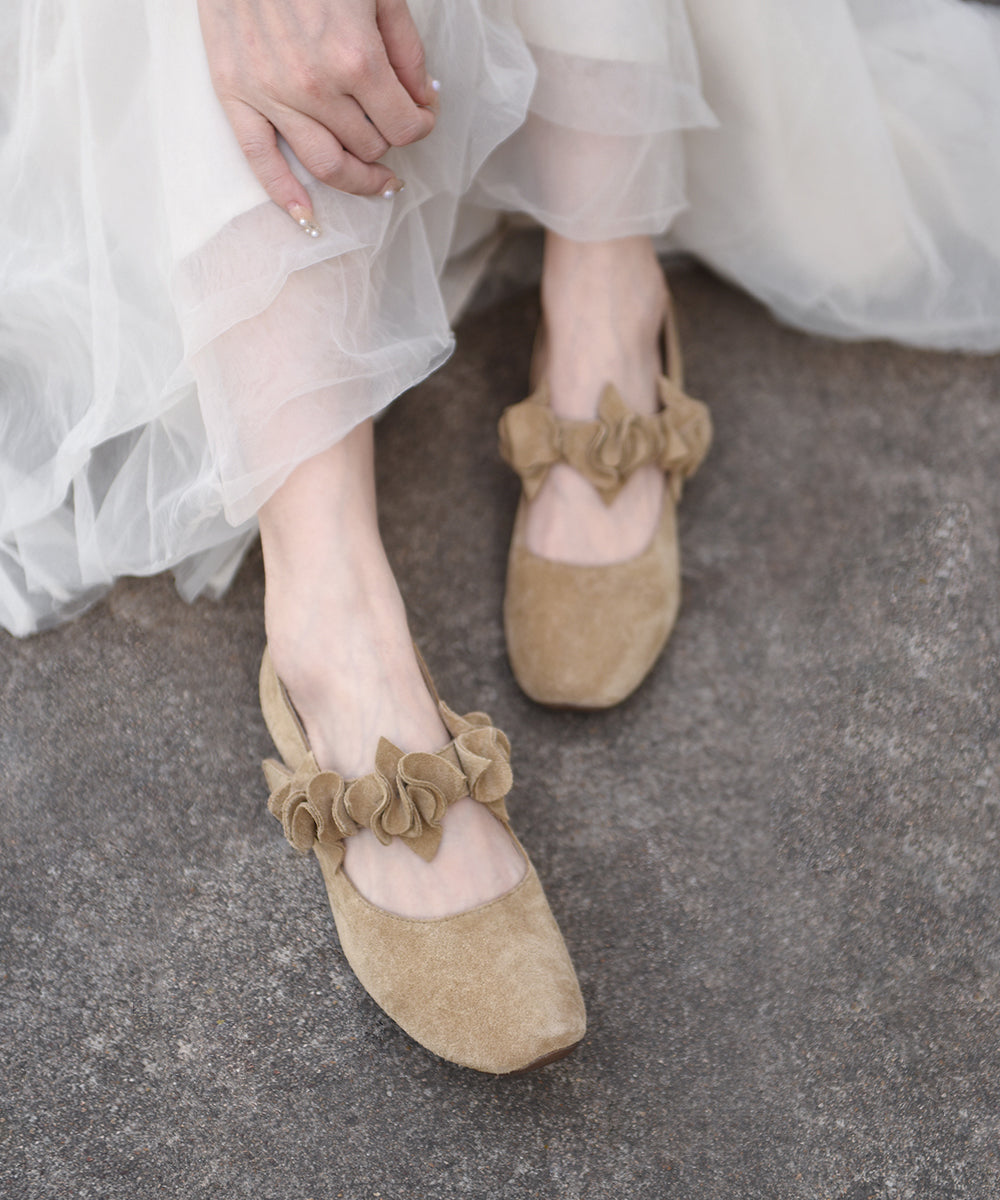 2025 New Handmade Apricot Flower Chunky Heels
