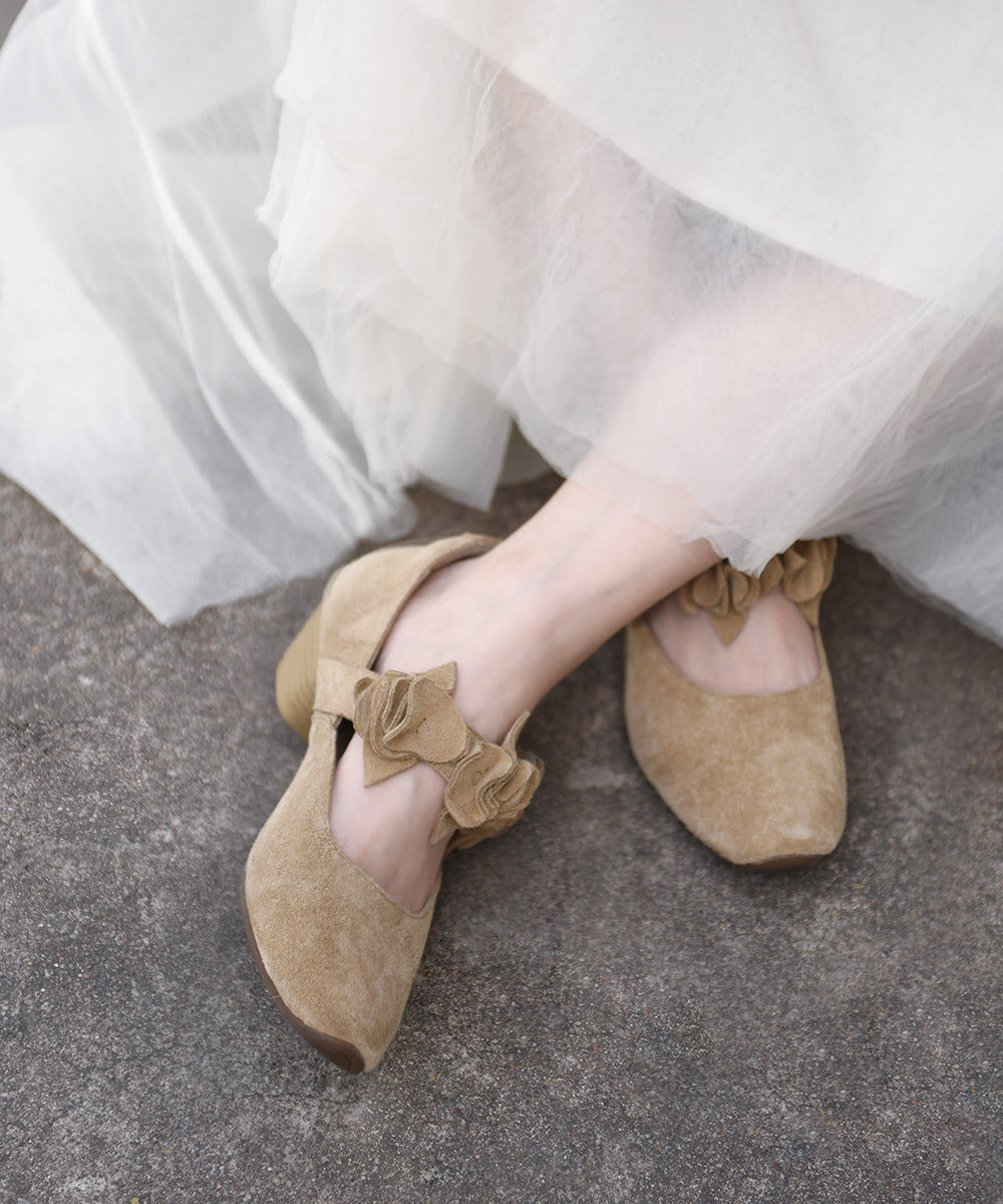 2025 New Handmade Apricot Flower Chunky Heels