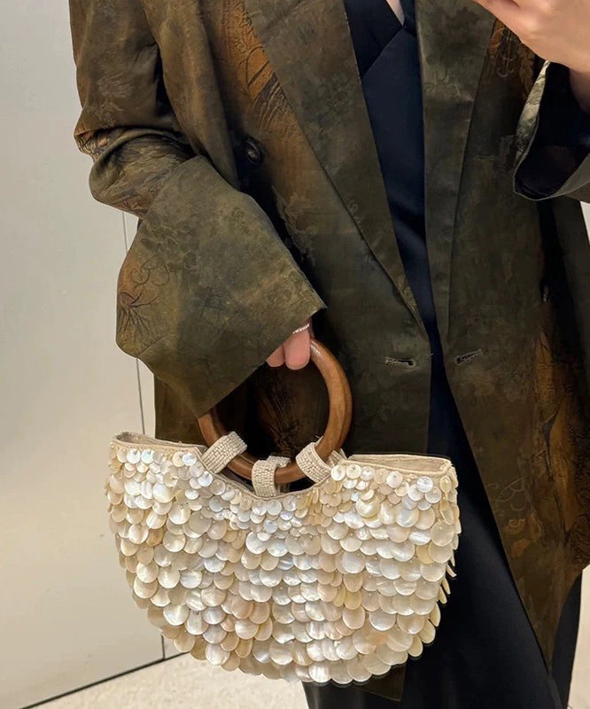 2025 New Handmade Beige Canvas Shell Tote Bag
