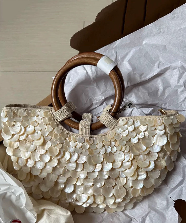 2025 New Handmade Beige Canvas Shell Tote Bag