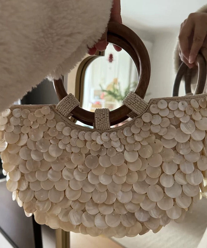 2025 New Handmade Beige Canvas Shell Tote Bag