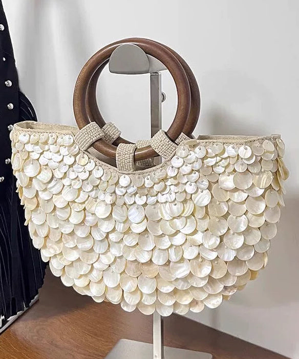 2025 New Handmade Beige Canvas Shell Tote Bag