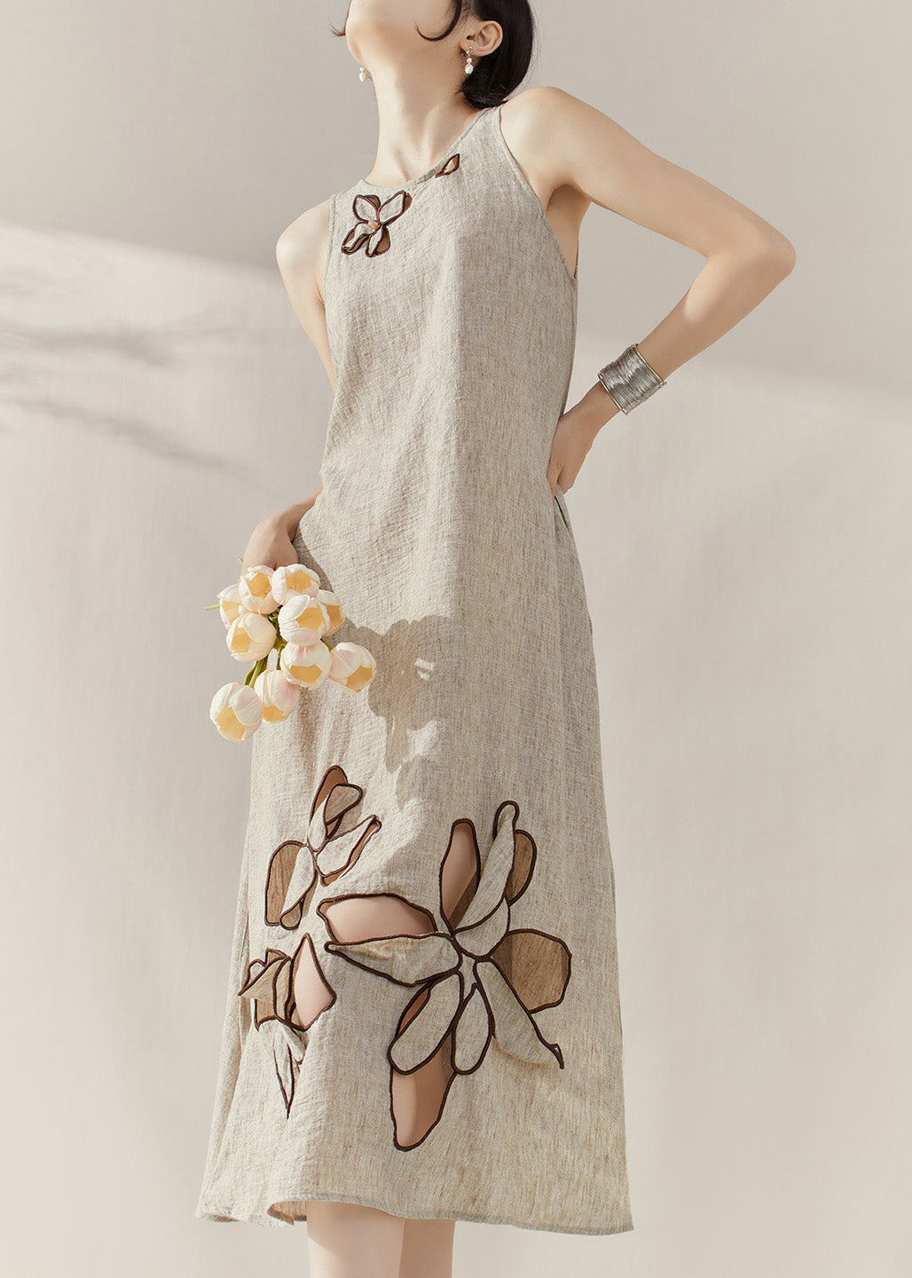 2025 New Khaki Floral Hollow Out Maxi Dresses Short Sleeve