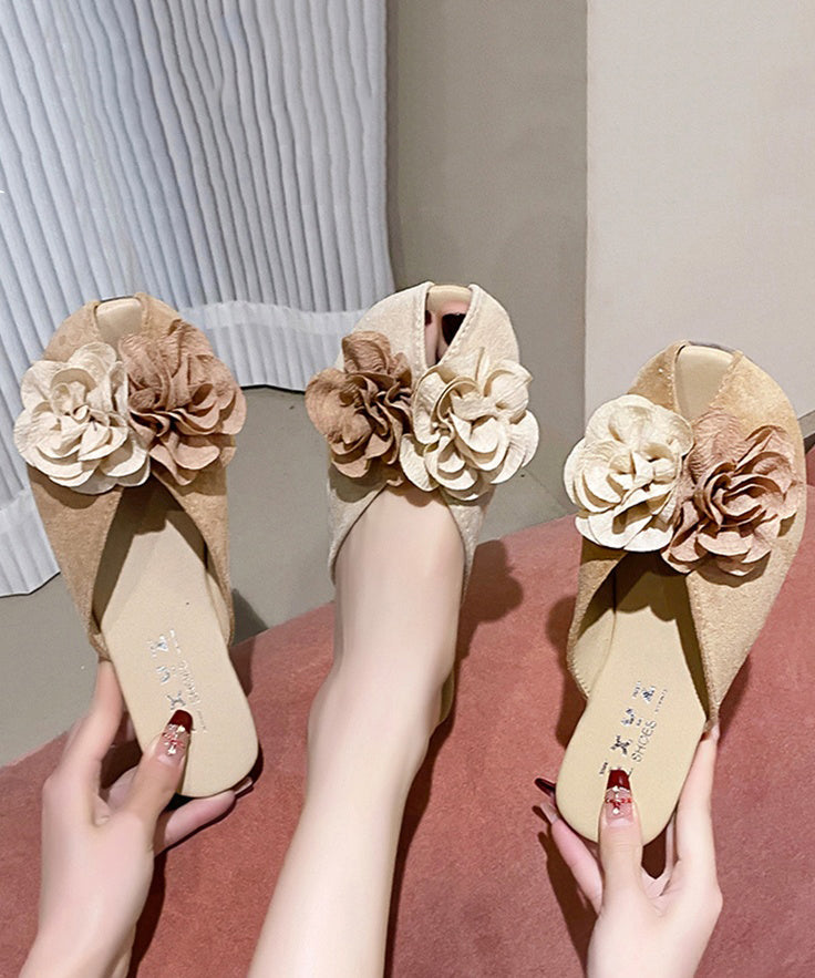 2025 New Khaki Suede Floral Splicing Slide Sandals