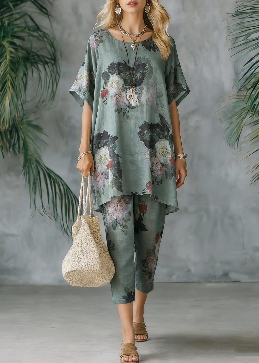 2025 New Loose Green Print Short Sleeve Shirt Casual Pants Linen Set