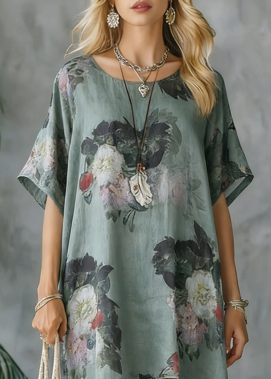 2025 New Loose Green Print Short Sleeve Shirt Casual Pants Linen Set