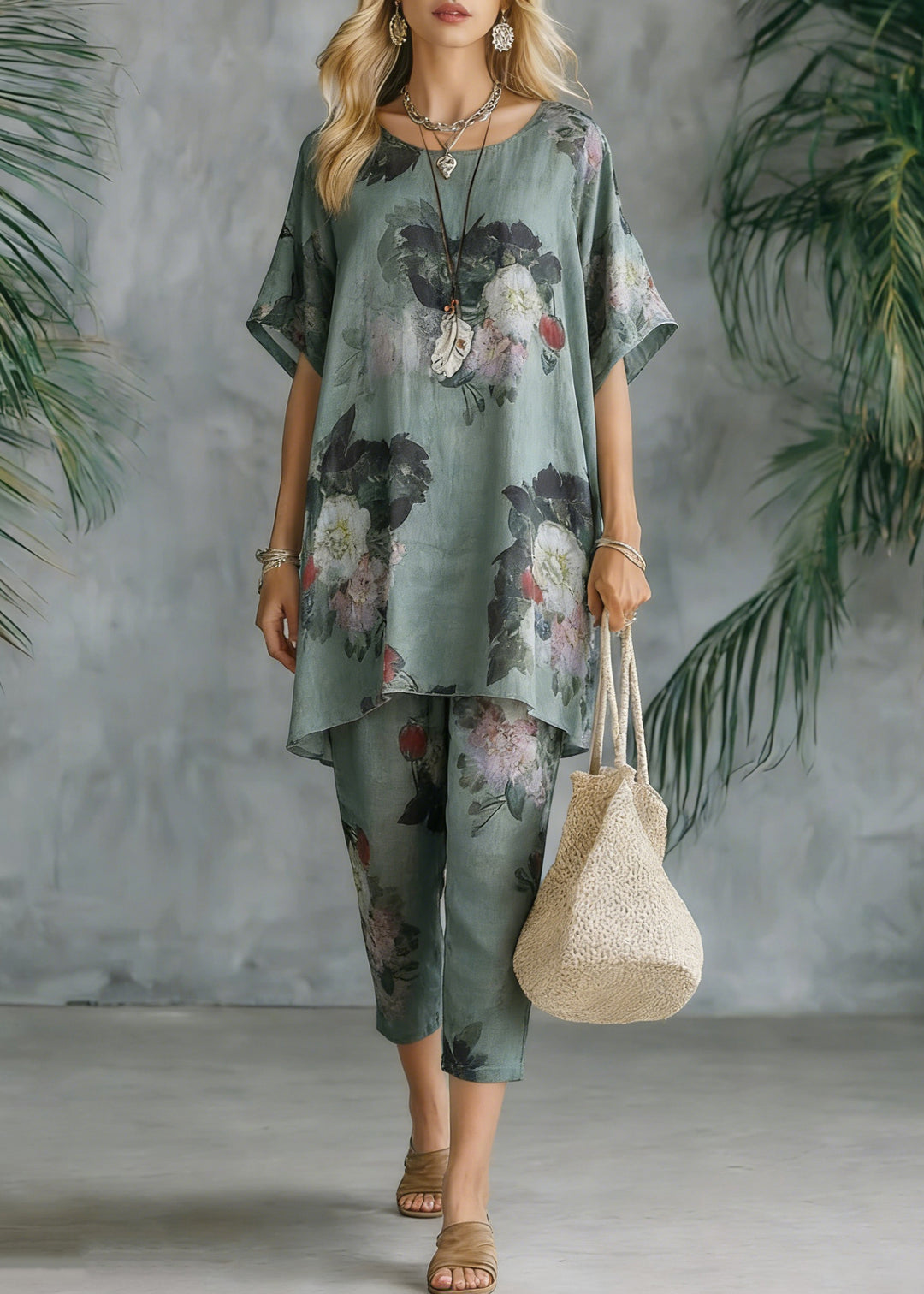 2025 New Loose Green Print Short Sleeve Shirt Casual Pants Linen Set