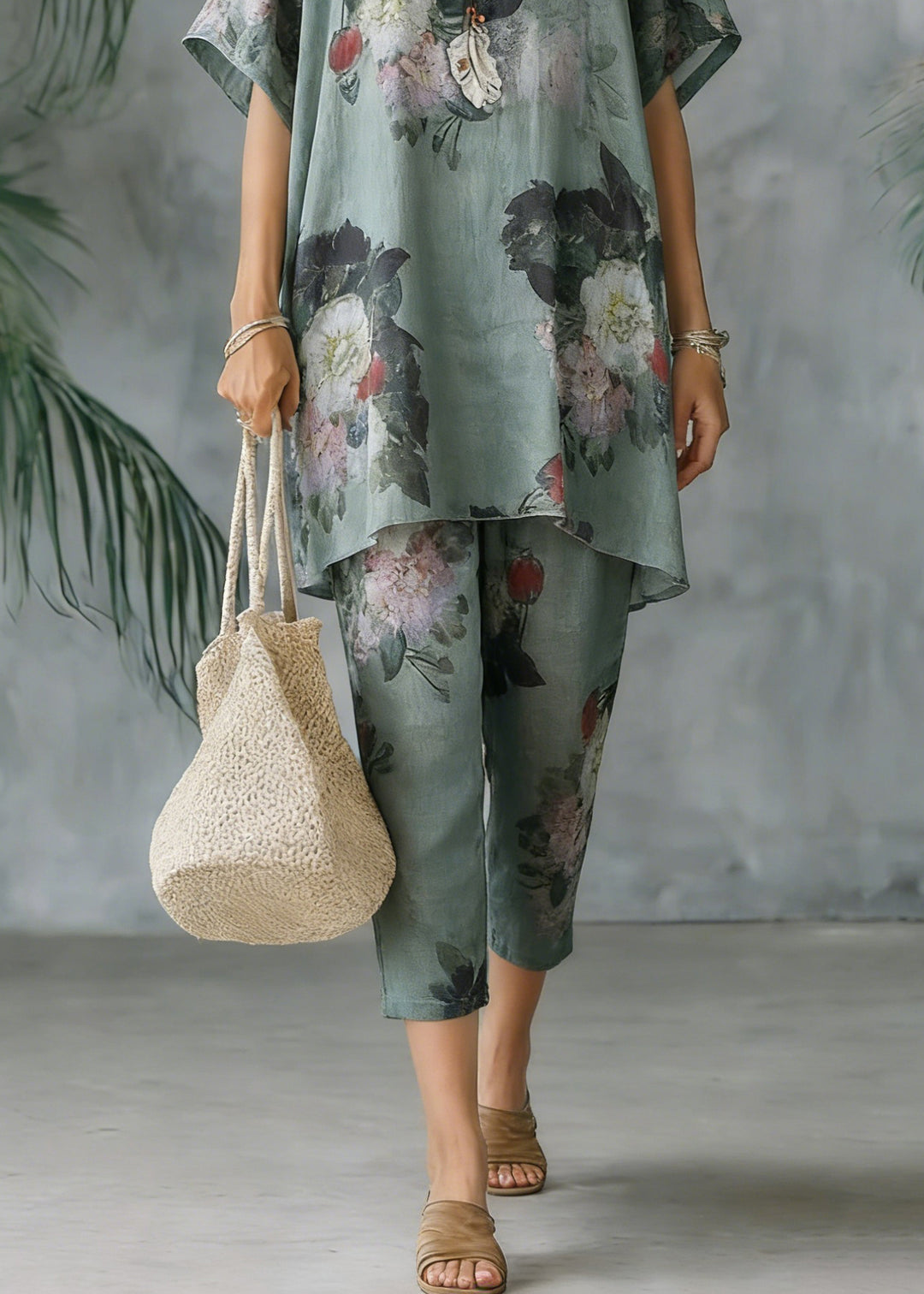 2025 New Loose Green Print Short Sleeve Shirt Casual Pants Linen Set