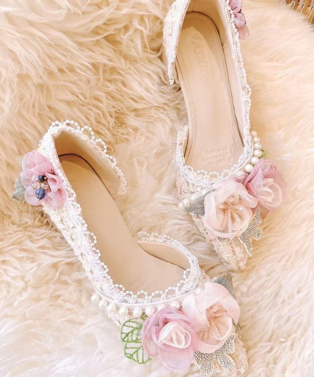 2025 New Pink Flower Nail Bead Pointed Toe Coarse Heels