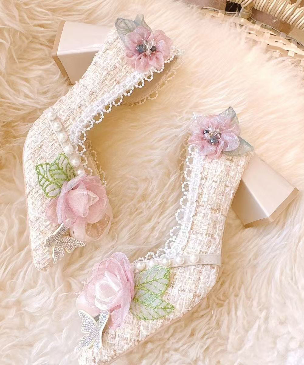 2025 New Pink Flower Nail Bead Pointed Toe Coarse Heels