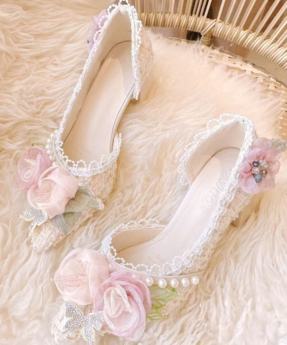 2025 New Pink Flower Nail Bead Pointed Toe Coarse Heels