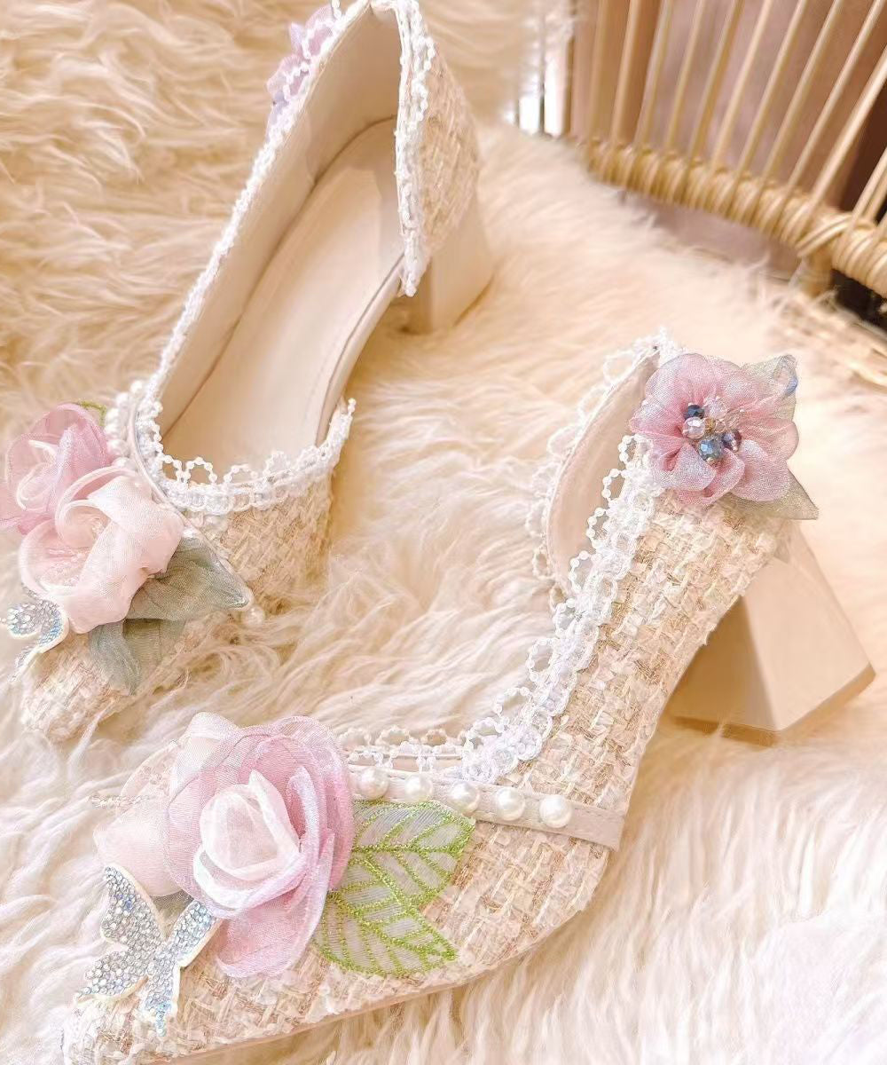 2025 New Pink Flower Nail Bead Pointed Toe Coarse Heels