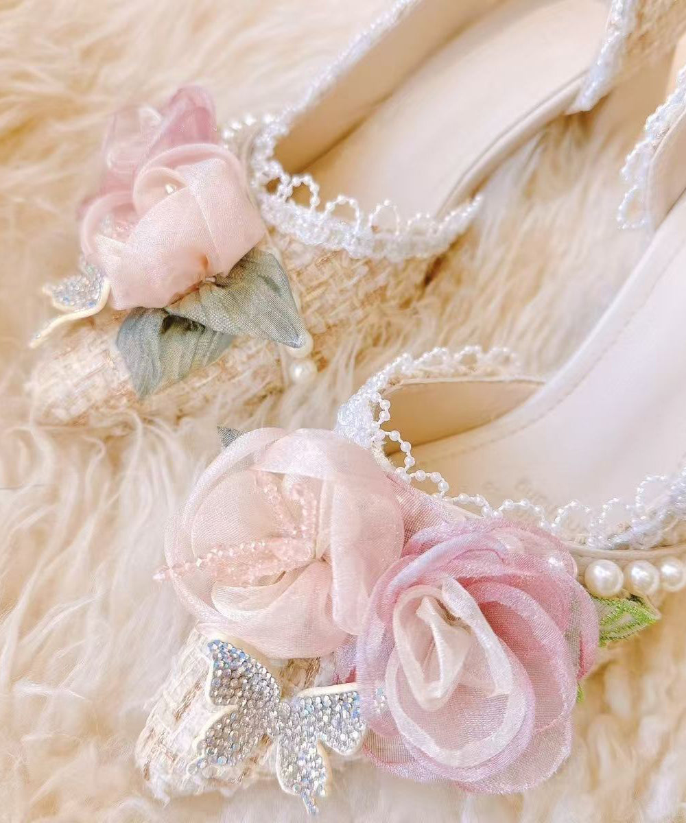 2025 New Pink Flower Nail Bead Pointed Toe Coarse Heels