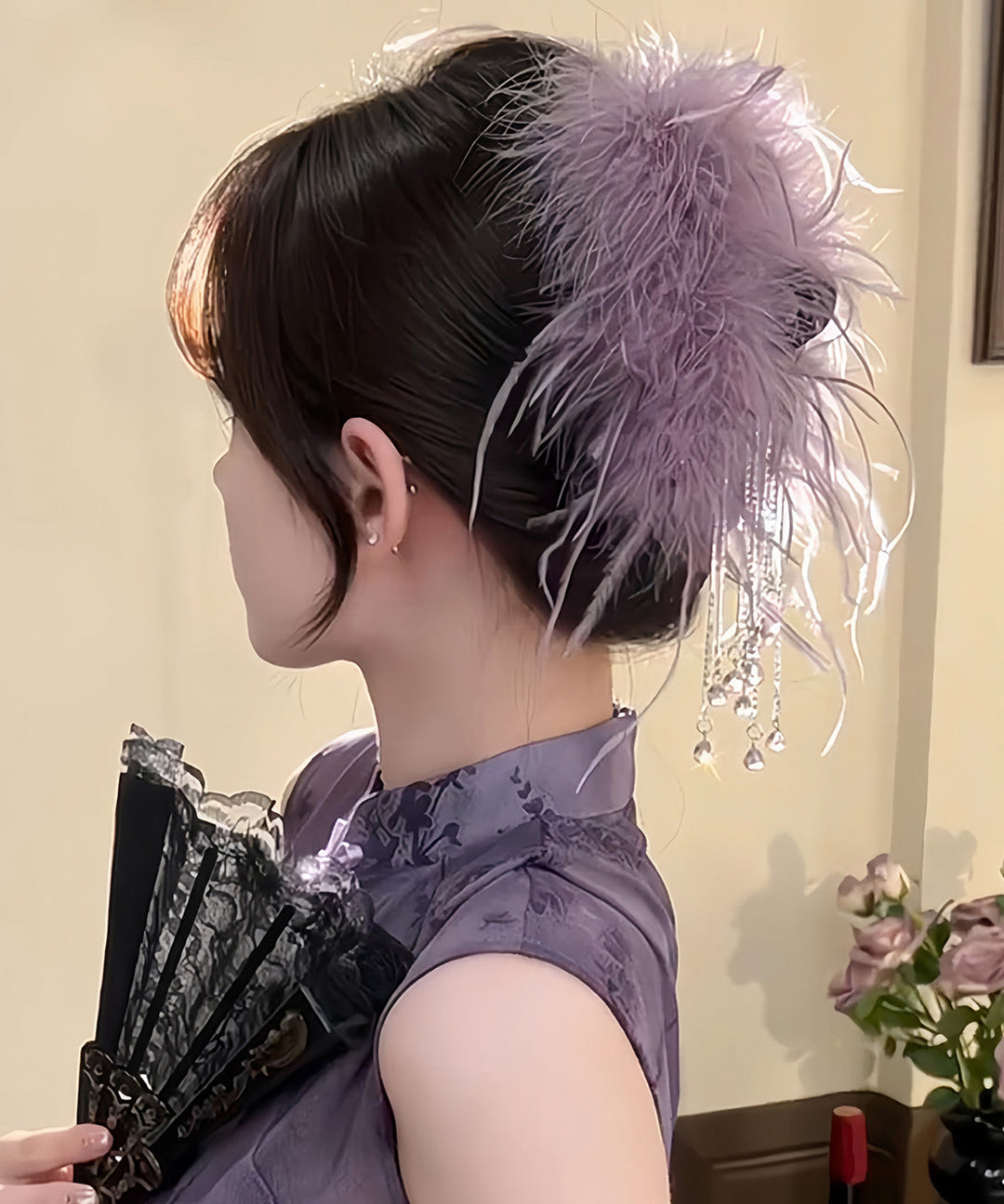2025 New Purple Alloy Feather Beading Tassel Hairpin