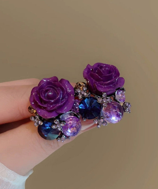 2025 New Purple Alloy Zircon Floral Stud Earrings