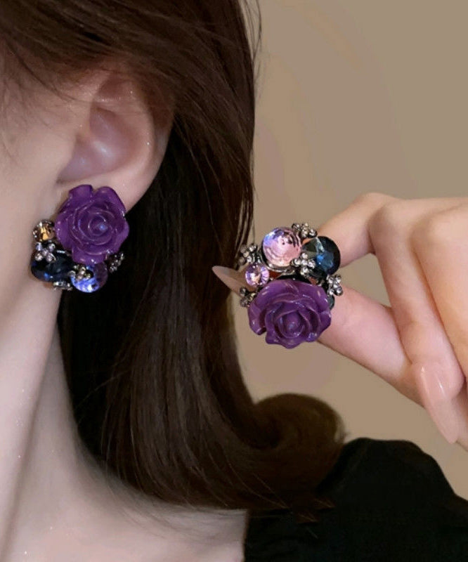 2025 New Purple Alloy Zircon Floral Stud Earrings