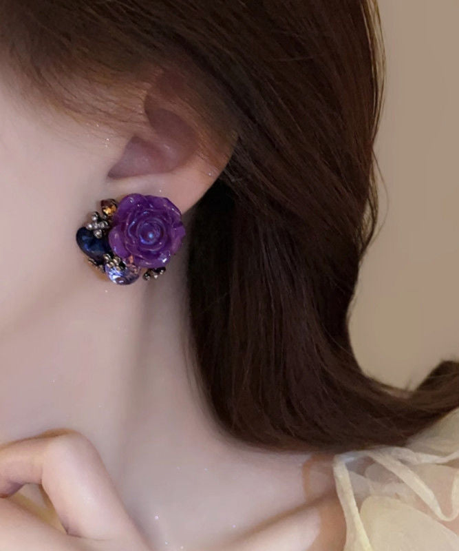 2025 New Purple Alloy Zircon Floral Stud Earrings