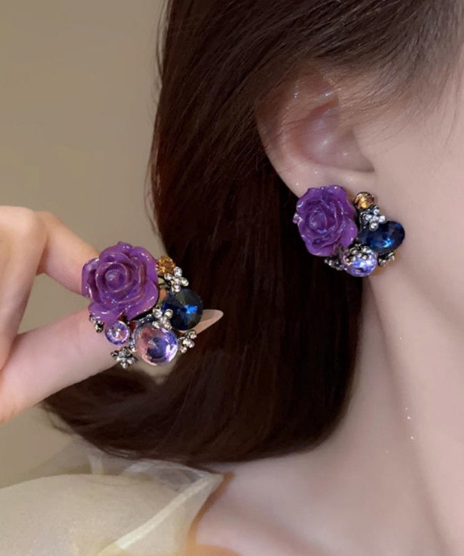2025 New Purple Alloy Zircon Floral Stud Earrings
