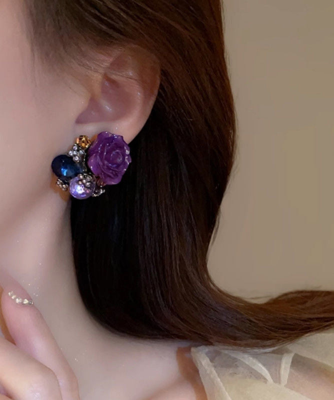 2025 New Purple Alloy Zircon Floral Stud Earrings