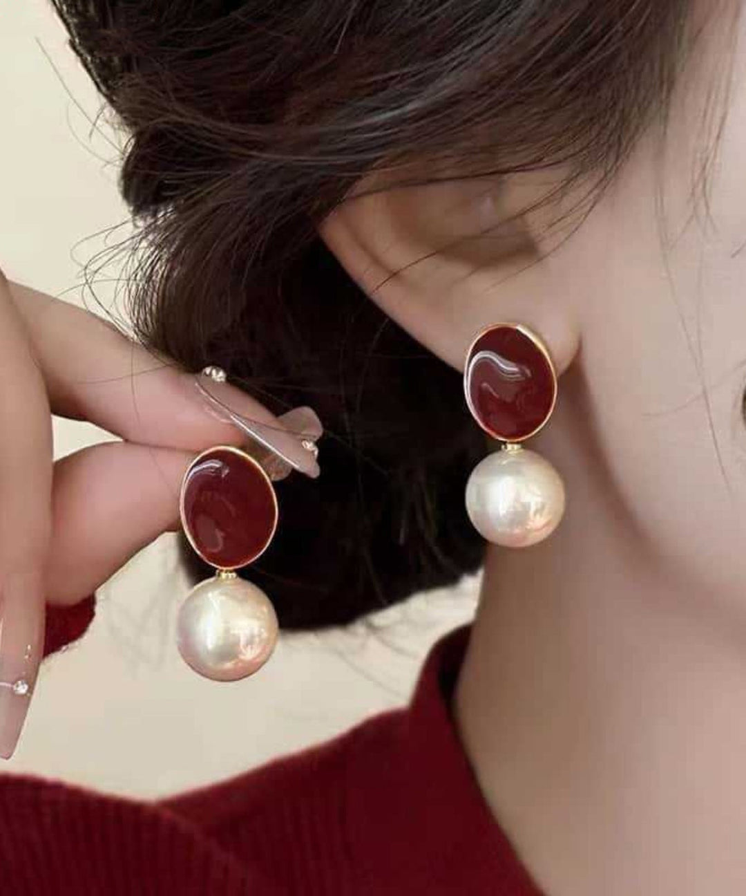 2025 New Red Copper Overgild Pearl Drop Earrings