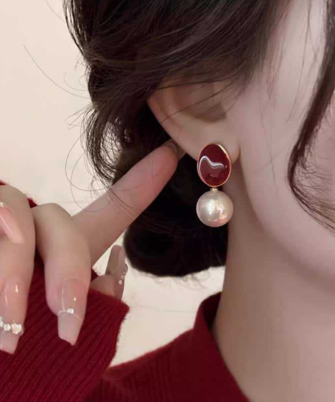 2025 New Red Copper Overgild Pearl Drop Earrings