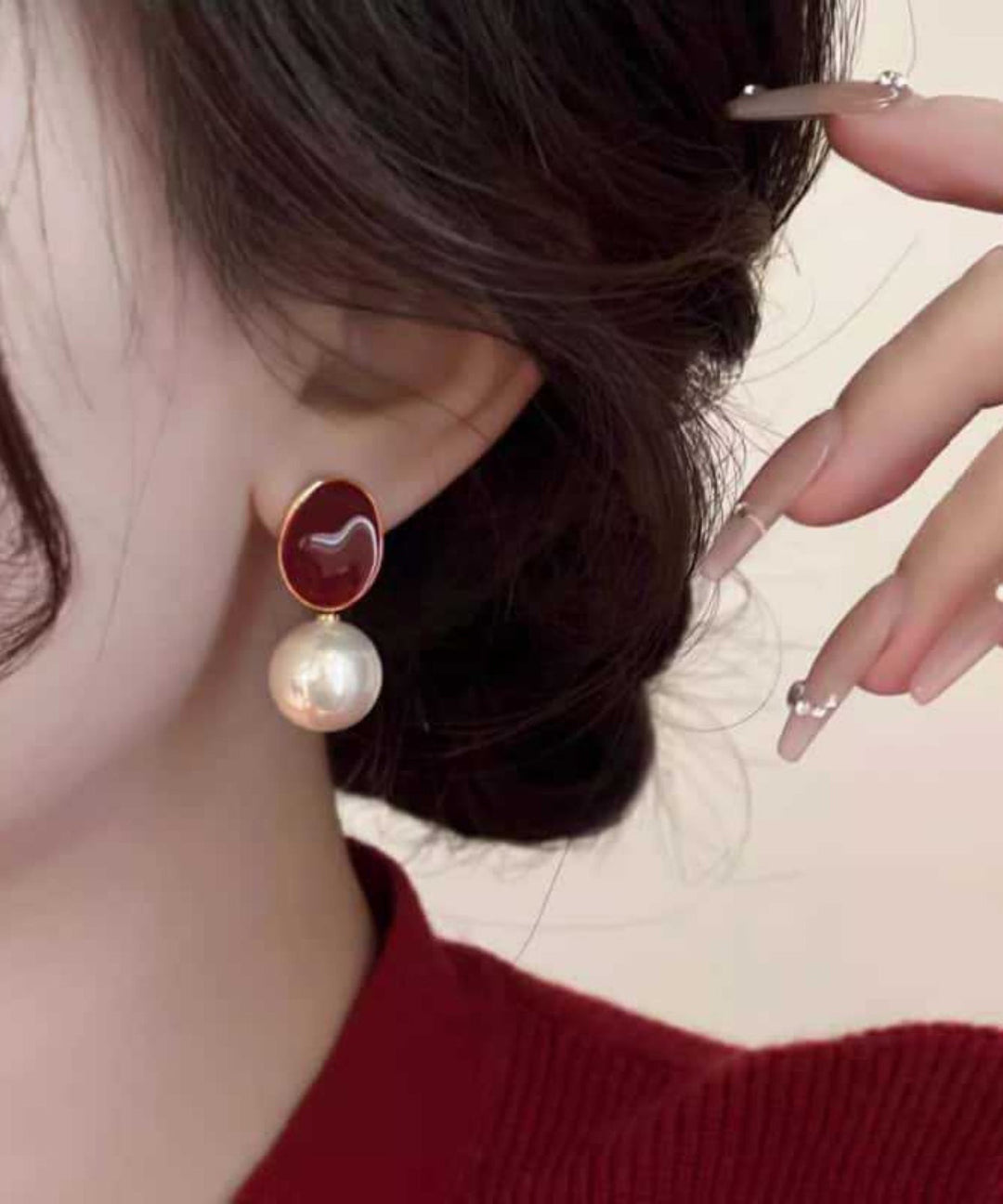 2025 New Red Copper Overgild Pearl Drop Earrings