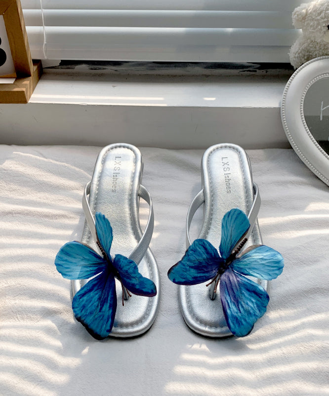 2025 New Silver Butterfly Faux Leather Wedge Flip Flops