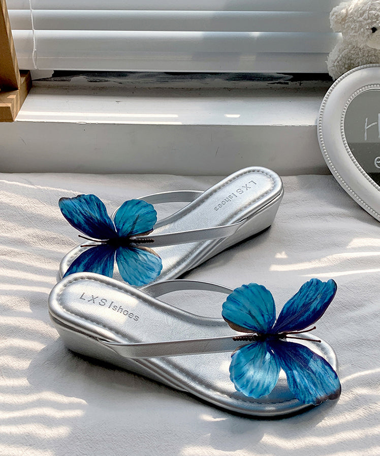 2025 New Silver Butterfly Faux Leather Wedge Flip Flops