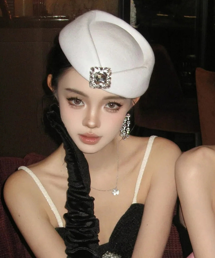 2025 New Style French White Zircon Woolen Beret Hat