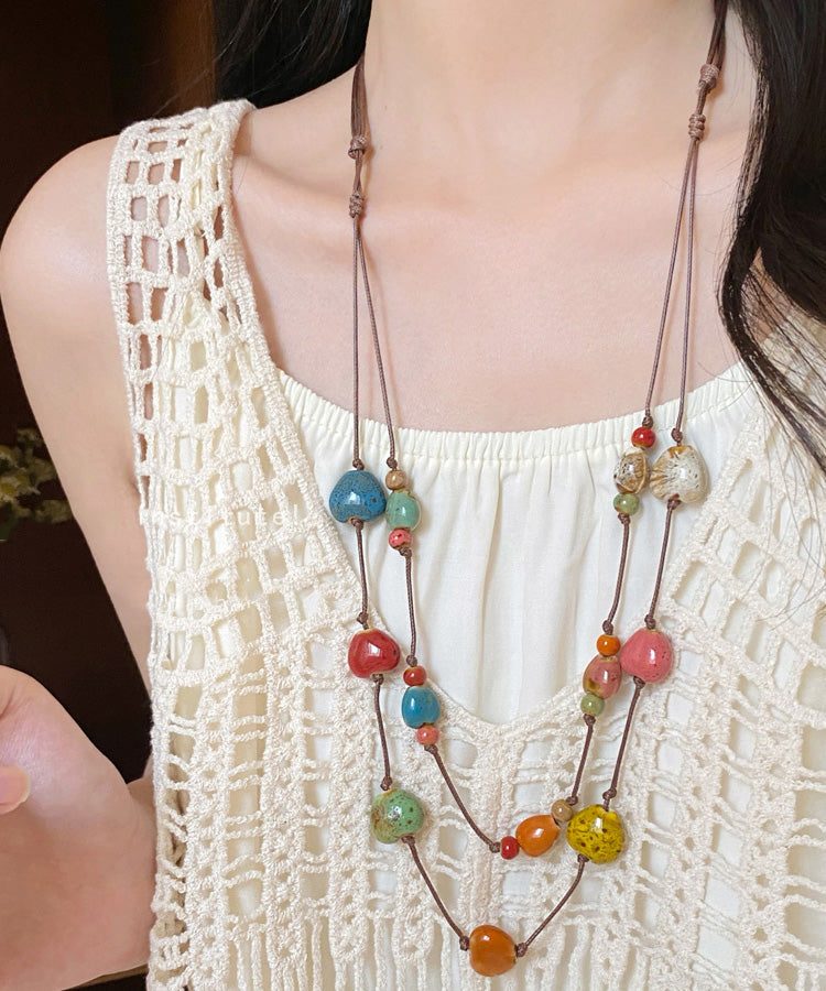 2025 Rainbow Wax Rope Ceramic Double-Layer Pendant Necklace