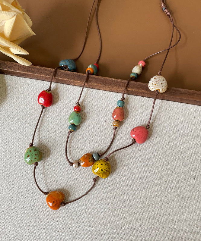 2025 Rainbow Wax Rope Ceramic Double-Layer Pendant Necklace