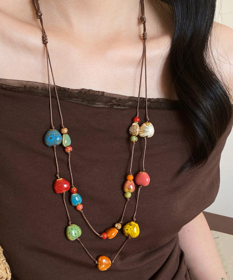 2025 Rainbow Wax Rope Ceramic Double-Layer Pendant Necklace