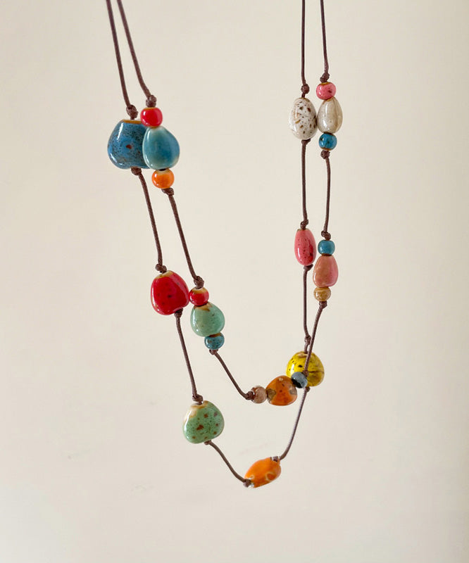 2025 Rainbow Wax Rope Ceramic Double-Layer Pendant Necklace