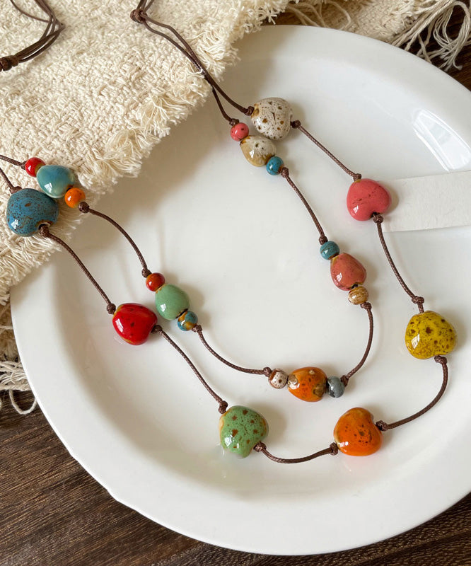 2025 Rainbow Wax Rope Ceramic Double-Layer Pendant Necklace