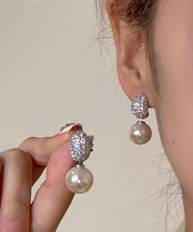 2025 Silk Sterling Silver Zircon Pearl Drop Earrings