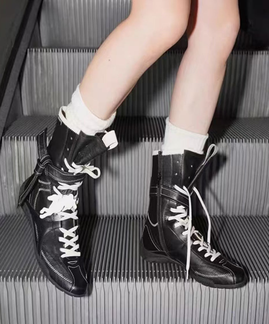2025 Splicing Boots Black Faux Leather Lace Up