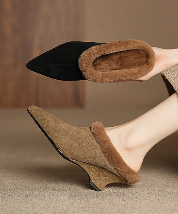 2025 Splicing Wedge Slippers Shoes Black Suede Fuzzy Wool Lined