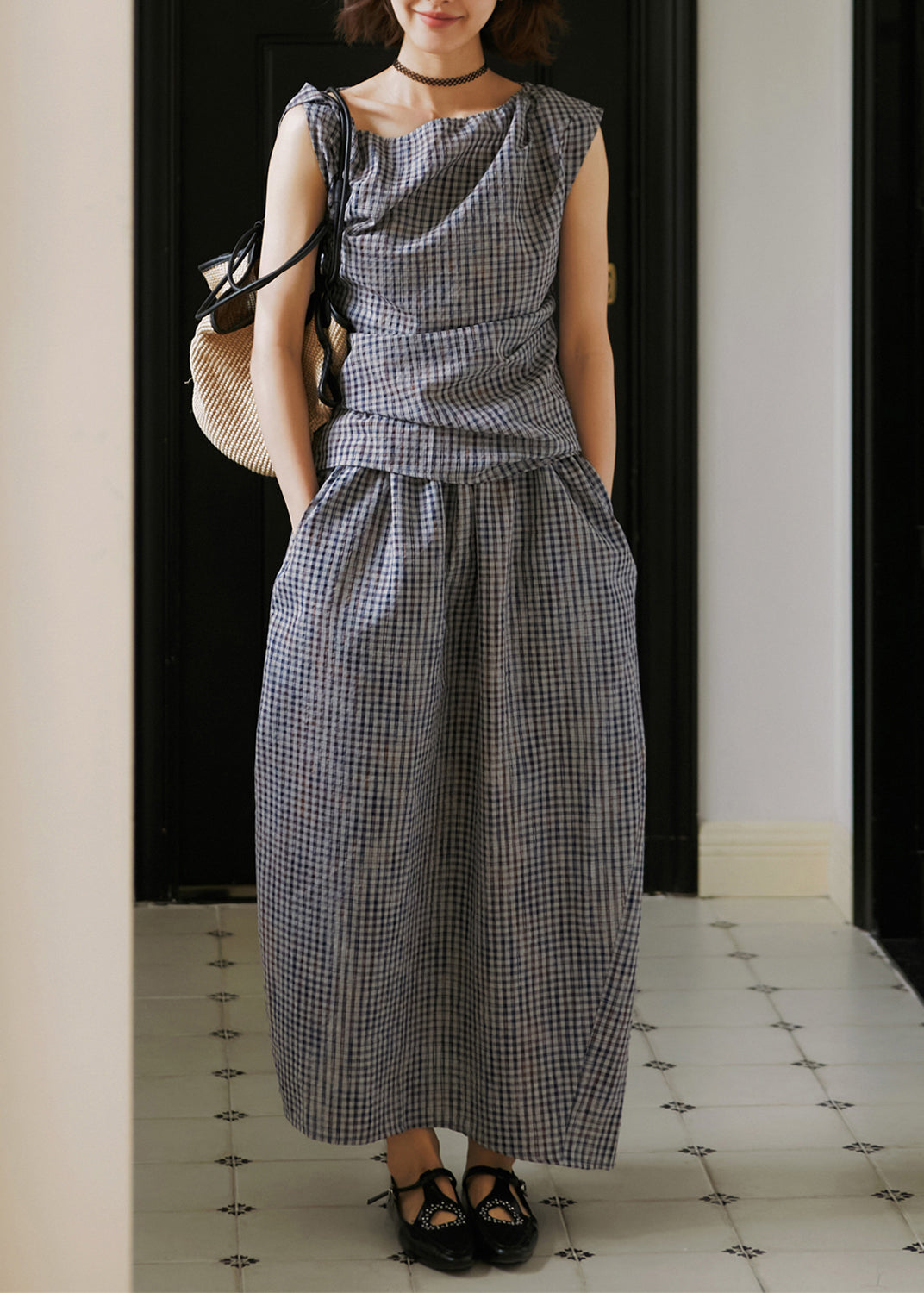 2025 Summer New Plaid Asymmetric Design Two Pieces Set