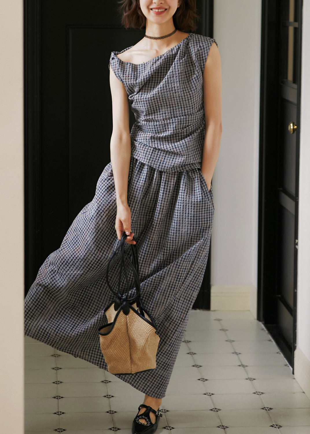 2025 Summer New Plaid Asymmetric Design Two Pieces Set