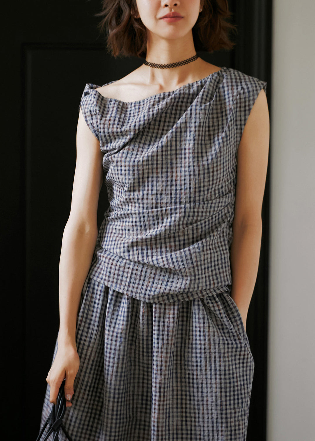 2025 Summer New Plaid Asymmetric Design Two Pieces Set