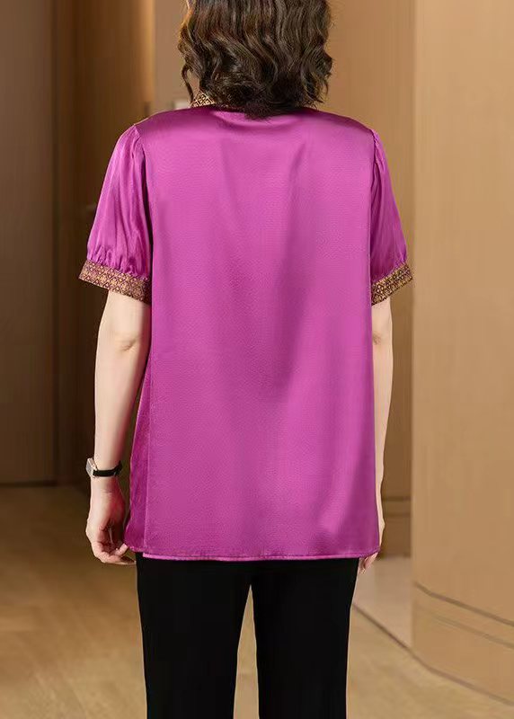 New Rose Print Button Patchwork Silk Tops Half Sleeve