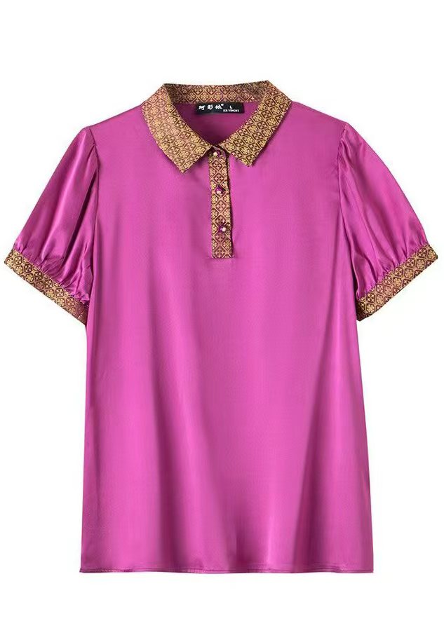 New Rose Print Button Patchwork Silk Tops Half Sleeve