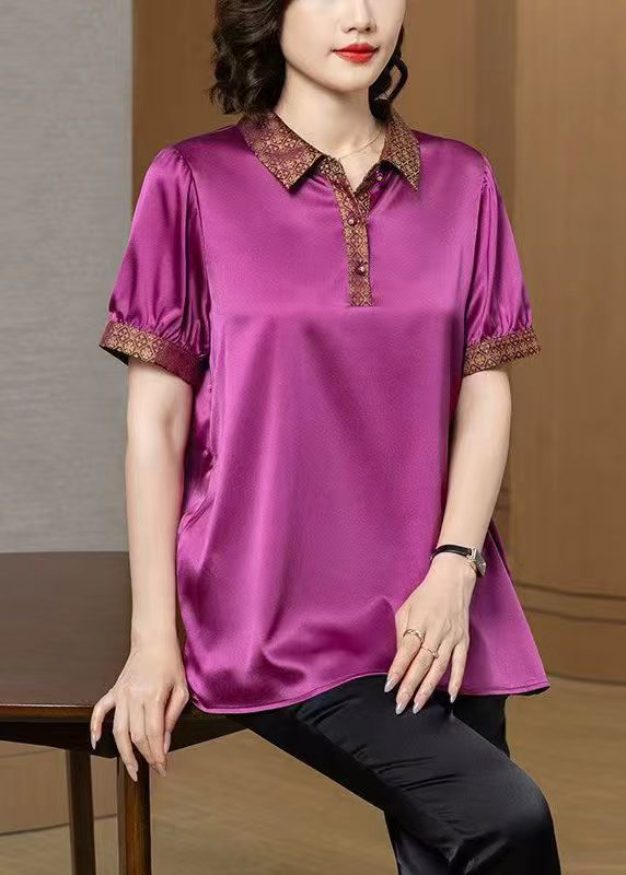 New Rose Print Button Patchwork Silk Tops Half Sleeve