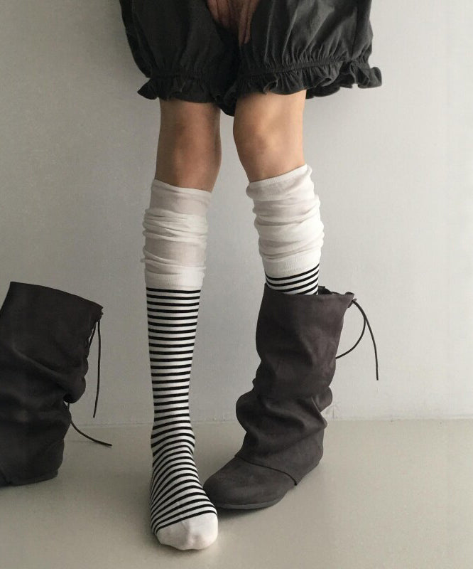 2026 Autumn Grey Spliced Striped Over The Calf Socks