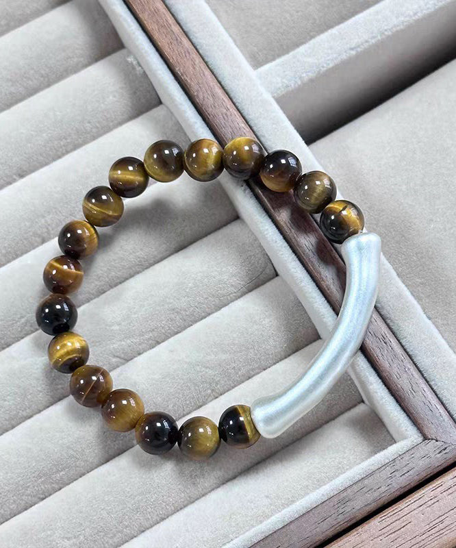 2026 Brown 999 Pure Silver Bend Pipe Patchwork Tiger's Eye Bracelet - Omychic