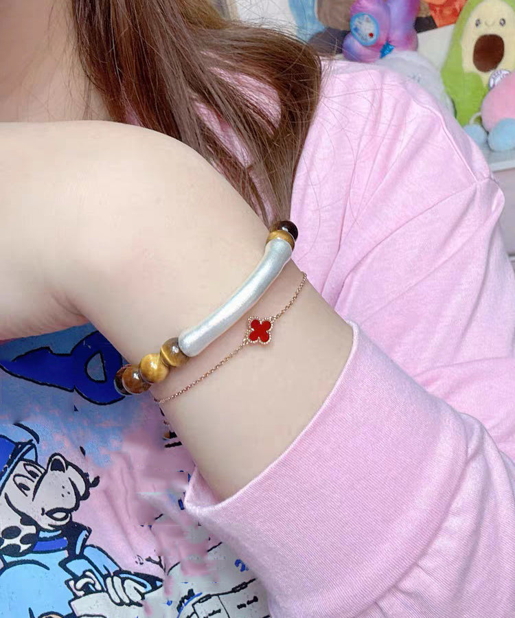 2026 Brown 999 Pure Silver Bend Pipe Patchwork Tiger's Eye Bracelet - Omychic