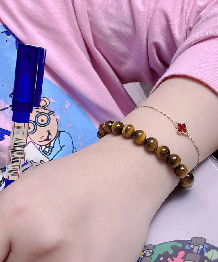 2026 Brown 999 Pure Silver Bend Pipe Patchwork Tiger's Eye Bracelet - Omychic