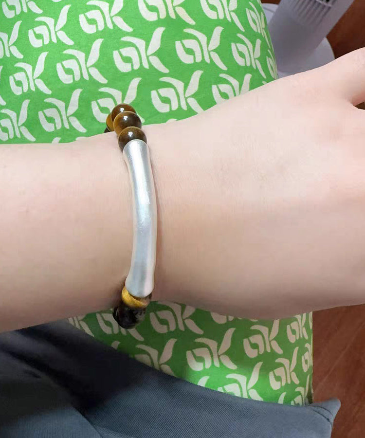 2026 Brown 999 Pure Silver Bend Pipe Patchwork Tiger's Eye Bracelet - Omychic